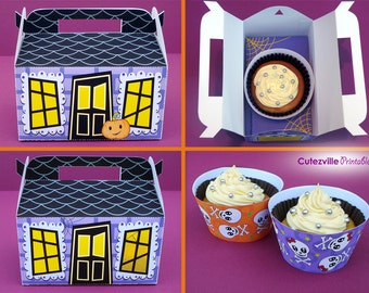 Halloween Haunted House Cupcake Box, Candy & Favor Box - Printable PDF With Editable Text - INSTANT DOWNLOAD