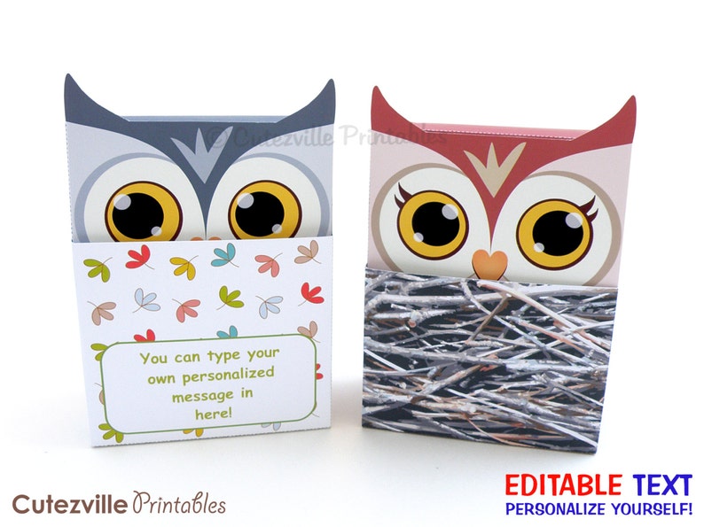 Two Owl Favor, Candy, Gift Boxes Editable Text Printable PDF INSTANT DOWNLOAD image 4