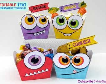 PDF Printable Monster Snack Boxes / Gift Baskets With Editable Text - INSTANT DOWNLOAD