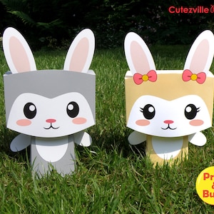 Two Printable Easter Kawaii Bunny Rabbit, Favor, Candy, Gift Boxes - Editable Text Printable PDF - INSTANT DOWNLOAD