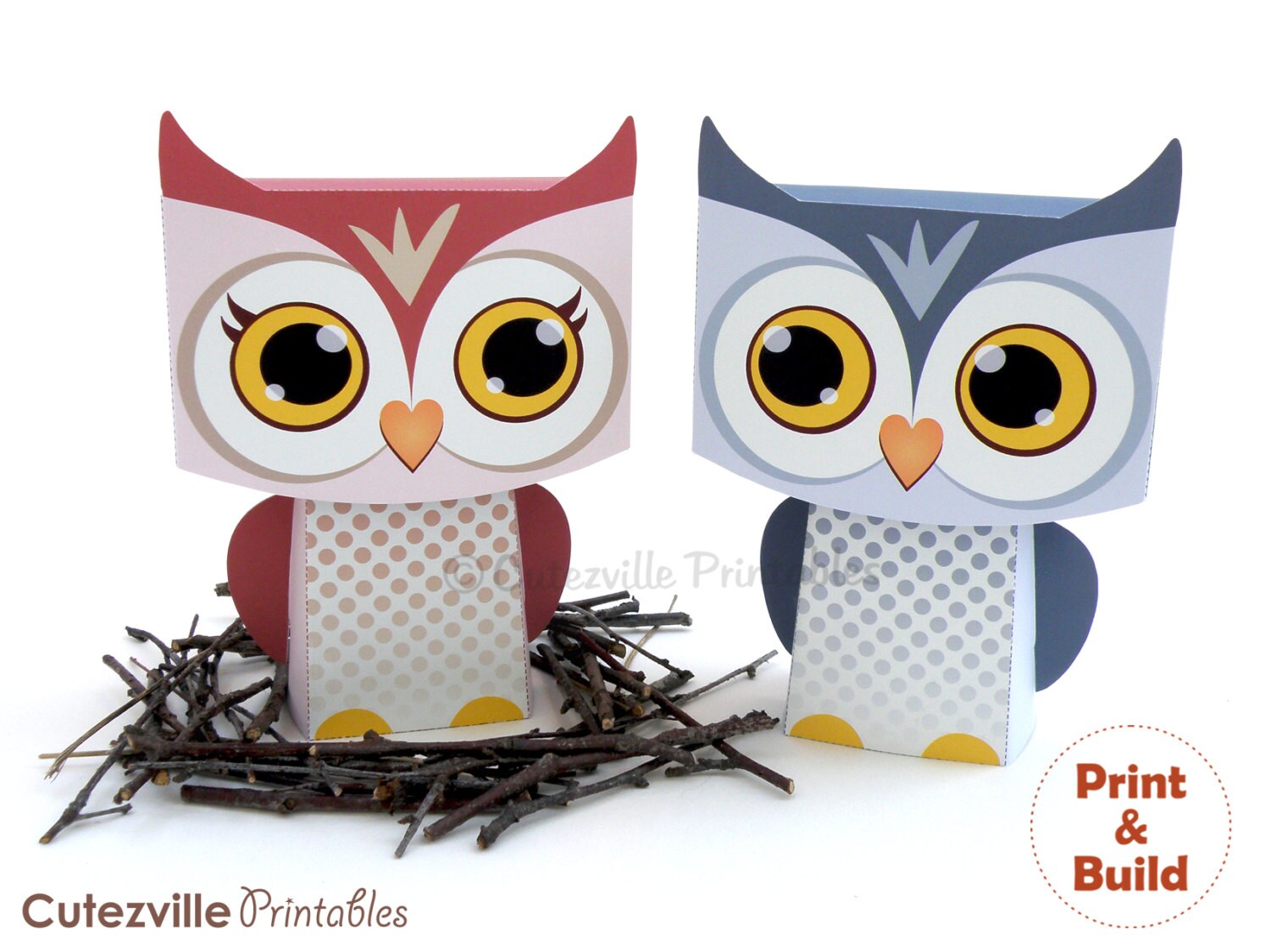 Two Owl Favor, Candy, Gift Boxes Editable Text Printable PDF INSTANT ...