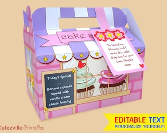 Cupcake Shop, Favor, Gift Box (Pink) - Editable Text Printable PDF - INSTANT DOWNLOAD