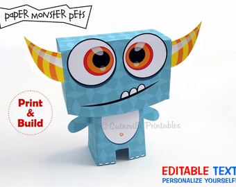 Blue Monster Favor, Candy, Gift Box - Editable Text Printable PDF - INSTANT DOWNLOAD