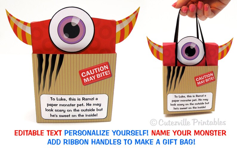 May include: Printable paper monster gift bag with a red and yellow monster head, one large eye, and the text "Caution May Bite!"  The bag is decorated with black stripes and has a personalized message.  The bag is shown with ribbon handles.