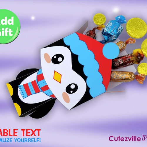 Printable PDF Christmas Penguin Gift Box With Editable Text - INSTANT DOWNLOAD