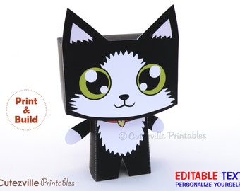 Kitten / Cat, Favor, Candy, Gift Box (Black) - Editable Text Printable PDF - INSTANT DOWNLOAD