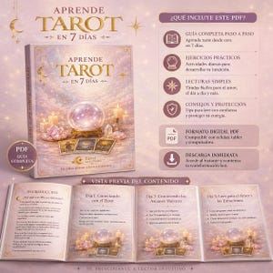 May include: A digital PDF guide titled "Learn Tarot in 7 Days" with a soft pink and gold cover. The cover features a crystal ball, tarot cards, and candles. The guide promises step-by-step learning, exercises, and simple readings.
