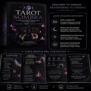 May include: A digital PDF book titled "Tarot Sombra" with a dark, mystical theme. The cover features a tarot card image and the text "Discover Your Truth, Transform Your Shadow." Inside, the book explores ego, relationships, and self-discovery.