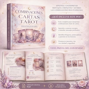 Puede incluir: Un libro titulado "Combinaciones de Cartas en el Tarot" con tapa blanda, con ilustraciones de cartas del tarot y detalles florales. Las páginas del libro están abiertas, mostrando ejemplos de tiradas y texto. El texto de la portada dice "Aprende a interpretar mensajes completos y domina las combinaciones más poderosas."