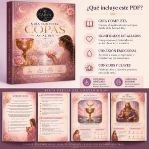 May include: A complete guide to the Tarot of Cups, featuring a book cover with a golden chalice, roses, and a woman holding a lotus flower. The guide includes detailed meanings, emotional connection, and practical advice. The text reads "Tarot Alma y Destino".