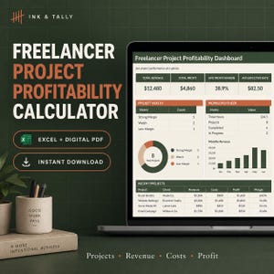 May include: A digital Freelancer Project Profitability Calculator dashboard displayed on a laptop screen, featuring data tables, a donut chart, and a bar graph. The text includes 'Ink & Tally', 'Excel + Digital PDF', and 'Instant Download'.