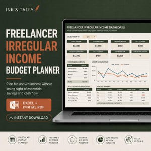 May include: A laptop screen displaying a Freelancer Irregular Income Budget Planner dashboard with tables for income, expenses, and savings. The interface includes a monthly overview line graph, income breakdown, and summary tables in a dark green and beige colour scheme.