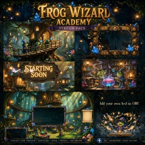 May include: A Frog Wizard Academy stream pack featuring digital assets with forest treehouse scenes, frogs in wizard hats, glowing crystals, wooden frames with runes, and text elements including Starting Soon and Add your own text in OBS.