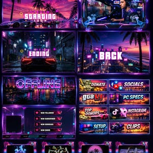May include: A digital stream overlay package featuring a neon purple and pink color palette with tropical and city themes. Includes screens for starting, ending, offline, and be right back, plus various buttons for social media, donations, and alerts.