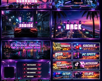 May include: A digital stream overlay package featuring a neon purple and pink aesthetic with tropical cityscapes, sports cars, and gaming icons. Includes text panels for Stream Starting Soon, Ending, Be Right Back, Offline, Donate, Socials, and PC Specs.