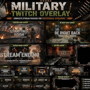 Puede incluir: Un paquete de superposición para transmisiones de Twitch con temática militar, que presenta texturas oscuras y arenosas, cinturones de munición y placas de identificación. Incluye pantallas, marcos de cámara web, alertas y paneles informativos.