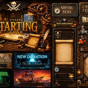 May include: A digital pirate-themed overlay with a treasure chest, map, and scroll. The words "Stream Starting Soon" are displayed. Additional elements include "Social Seas", "TikTok Chant", "Wishlist", and "Live Chat" buttons.