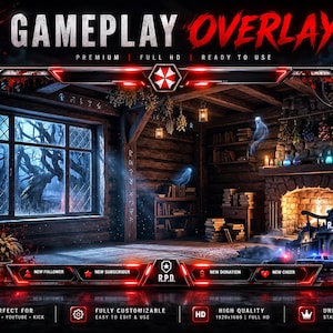 May include: A digital gameplay overlay featuring a dark, atmospheric room with a fireplace, a large window, and R.P.D. branding. The frame includes red glowing accents, a T-Virus blood bag icon, and text labels for new follower, subscriber, donation, and cheer.