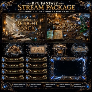 Może przedstawiać: Pakiet streamingowy RPG fantasy zawierający nakładki, alerty, panele i ekrany. Elementy zawierają tekst 'RPG FANTASY STREAM PACKAGE', 'BE RIGHT BACK', 'STREAM STARTING SOON', 'NEW CHEER', 'NEW FOLLOWER', 'NEW DONATION' oraz 'NEW SUBSCRIBER'.