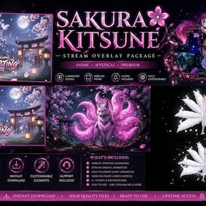Peut inclure: Un pack de superpositions de flux Sakura Kitsune avec un thème de renard à neuf queues, des cerisiers en fleurs roses, des portes torii et un arrière-plan au clair de lune. Inclut des scènes animées, un cadre webcam et des alertes avec du texte.
