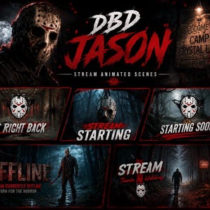 Może przedstawiać: Kolekcja animowanych scen do streamingu z postacią w masce hokejowej, znakiem Camp Crystal Lake i ciemnym lasem w tle. Tekst zawiera DBD JASON, BE RIGHT BACK, STREAM STARTING, STARTING SOON, OFFLINE oraz STREAM Thanks for Watching.