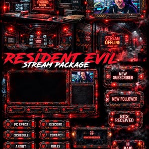 May include: A Resident Evil themed stream package featuring dark, industrial frames with red glowing accents, biohazard symbols, and Umbrella Corporation branding. Includes overlays for stream status, alerts, and buttons labeled PC Specs, Discord, Schedule, Contact, About, Rules, Socials, and Donations.