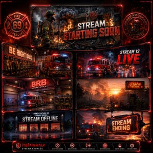 Può includere: Un pacchetto streaming digitale a tema vigili del fuoco con accenti luminosi rossi e arancioni. I pannelli mostrano testi tra cui STREAM STARTING SOON, BE RIGHT BACK, STREAM IS LIVE, BRB EMERGENCY STATION, STREAM ENDING e STREAM OFFLINE.