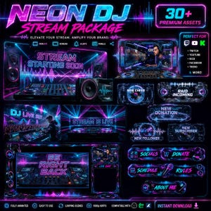 May include: A digital neon DJ stream package featuring 30 plus premium assets including overlays, screens, alerts, and panels. The design uses vibrant pink and blue light effects with text such as Stream Starting Soon, Be Right Back, and Stream Is Live.