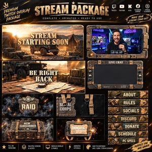 Può includere: Un pacchetto streaming a tema militare che include una sovrapposizione per webcam, una finestra di chat dal vivo e vari pulsanti etichettati About, Rules, Socials, Discord, Donate, Schedule e PC Specs con schermata di avvio.