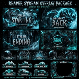 Peut inclure: Un pack de superpositions pour streaming numérique avec un thème de faucheur cyan brillant et sombre. Comprend des écrans Stream Starting, Be Right Back, Stream Ending et Stream Offline, ainsi que des alertes, des panneaux et un cadre de chat.