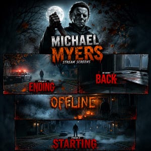 Può includere: Un set grafico digitale che raffigura Michael Myers con un coltello, includendo quattro schermate di streaming con il testo: Michael Myers Stream Screens, Stream Is Ending, Be Right Back, Offline e Stream Is Starting, su sfondi di periferia oscuri.