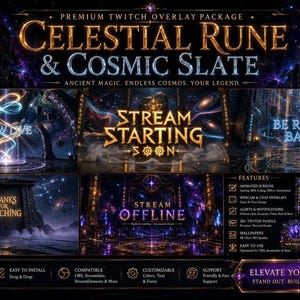 Peut inclure: Un pack de superpositions Twitch numérique intitulé Celestial Rune & Cosmic Slate avec des graphismes sur le thème de l'espace en violet et bleu. Inclut des écrans animés pour le démarrage, les pauses et le hors ligne, ainsi que des cadres.