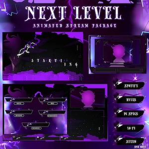 Op de afbeelding: Een paars geanimeerd stream-pakket met de tekst "NEXT LEVEL" en "ANIMATED STREAM PACKAGE". Het ontwerp bevat verschillende streaming overlays met labels zoals "Spotify", "Rules" en "PC Specs".