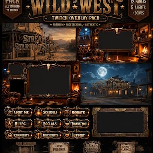 Wild West Twitch Overlay Pack | Cowboy Stream-skärmar | Animerade västerländska varningar, paneler och webbkamera | Rodeo Gaming Stream-grafik