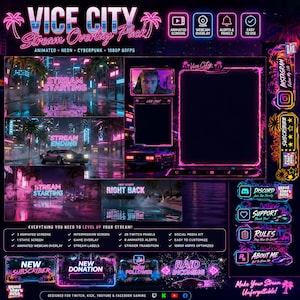 Peut inclure: Un pack d'habillage de flux Vice City avec une esthétique cyberpunk néon rose et bleu. Comprend des écrans animés, des superpositions de webcam, des alertes, des panneaux et des kits de réseaux sociaux avec du texte comme Stream Starting.