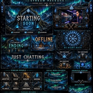 May include: A digital stream package titled Nordic Legends featuring a dark blue and black theme with glowing aurora borealis, Viking-inspired stone carvings, runes, and mountain landscapes. Includes overlays for starting, ending, offline, and chatting screens.