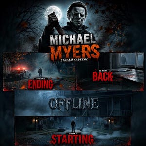 Peut inclure: Un ensemble de graphiques numériques représentant Michael Myers avec un couteau, incluant des textes pour écrans de diffusion : Stream Is Ending, Be Right Back, Offline et Stream Is Starting. L'imagerie sombre dépeint des scènes de banlieue.