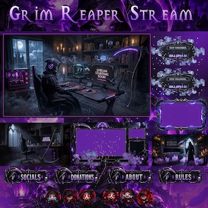 Puede incluir: Un conjunto de superposiciones de streaming digital con temática de la Parca en morado y negro. Incluye pantallas de escena con texto como Stream Starting Soon, Stream Offline y Stream Ending, además de paneles decorativos para redes y reglas.