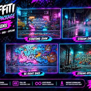Graffiti Twitch Stream Overlays | 4 animerade Stream Overlays | Paus | Webbkameror | Bakgrundsbild | OBS
