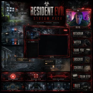 Può includere: Un pacchetto streaming digitale a tema Resident Evil con grafica scura e granulosa e accenti rossi. Include overlay per video in diretta, chat e avvisi con testo come Starting Soon, Live, Instagram, Twitter e Subscribe.