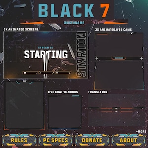 Op de afbeelding: Een digitaal overlay-ontwerp voor live streaming, met een zwart-blauw kleurenschema en oranje accenten. Het ontwerp bevat geanimeerde schermen, webcams, chatvensters en overgangselementen. Tekst bevat "BLACK 7", "STARTING" en menu-opties.
