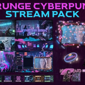 Peut inclure: Un pack de stream d'art numérique sur le thème du cyberpunk grunge. Le design présente des couleurs néon, des paysages urbains futuristes et diverses superpositions de streaming, dont des graphiques "Starting Soon" et "New Follower". Le pack comprend des graphiques pour la musique, les produits dérivés et les jeux.