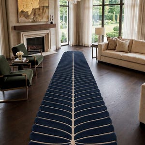 Hand Tufted Leaf Runner Rug Navy Blue Contemporary Hallway Carpet Luxury Decor