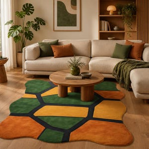 Hand Tufted Abstract Area Rug, Organic Shape Modern Carpet, Green Orange Living Room Decor