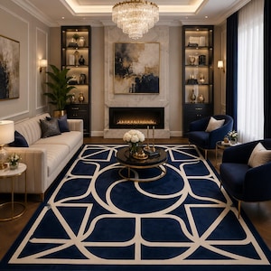 Peut inclure: Un salon comprenant un canapé crème, deux fauteuils bleu marine et un grand tapis bleu marine à motif géométrique blanc. Une table basse ronde noire avec des pieds dorés est placée au centre, sous un lustre en cristal.