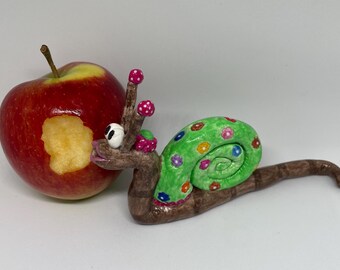 Hand-Painted Clay Snail Figurine: Whimsical Garden Art, Colorful Shell, Gloss Glaze