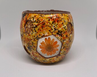 Whimsical clay/glass T-Light holder with quirky little windows