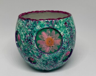Whimsical clay/glass T-Light holder with quirky little windows