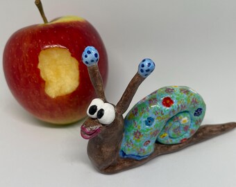 Hand-Painted Clay Snail Figurine: Whimsical Garden Art, Colorful Shell, Gloss Glaze