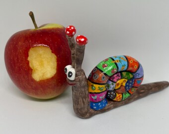 Hand-Painted Clay Snail Figurine: Whimsical Garden Art, Colorful Shell, Gloss Glaze
